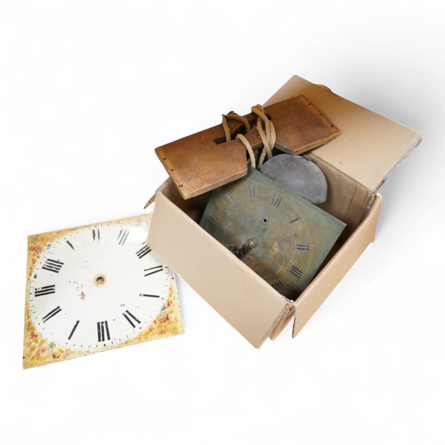 A brass dial wall clock, birdcage movement, 30cm square, unknown if working